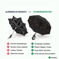 Almindeligt paraply, der er vendt ud og ind, ved siden af Stormparaplyet med ti glasfiberribber