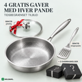 Soldahl Stekro stegepande i titanium med poleret stålhåndtag, glaslåg med rødt bånd, stegespade og to gaveæsker, gratis gaver med hver pande