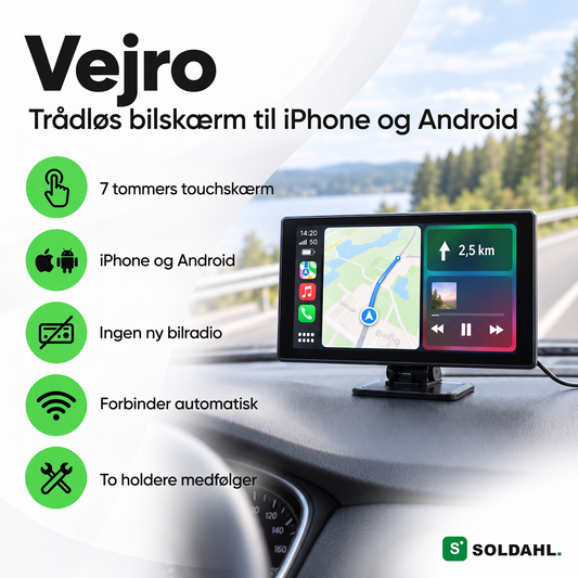 Vejro på instrumentbrættet med kort, fem fordele: touchskærm, iPhone og Android, ingen ny bilradio