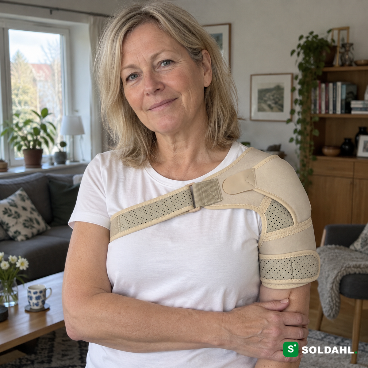 Kvinde bærer Soldahl Axello skulderstøtte derhjemme