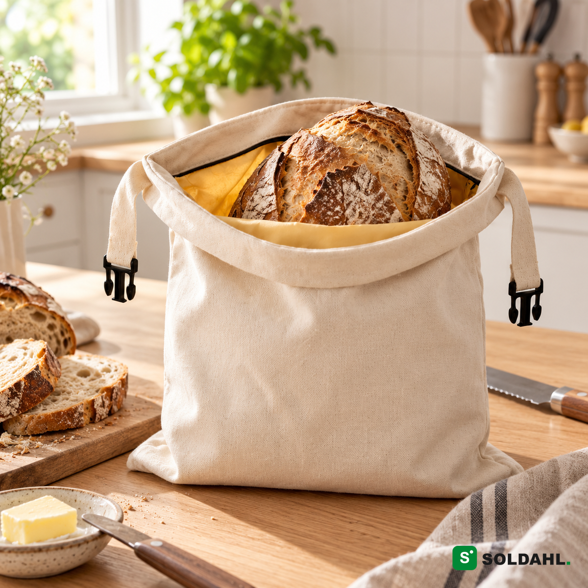 Bivoks brødpose i naturlig bomuld med surdejsbrød på køkkenbordet