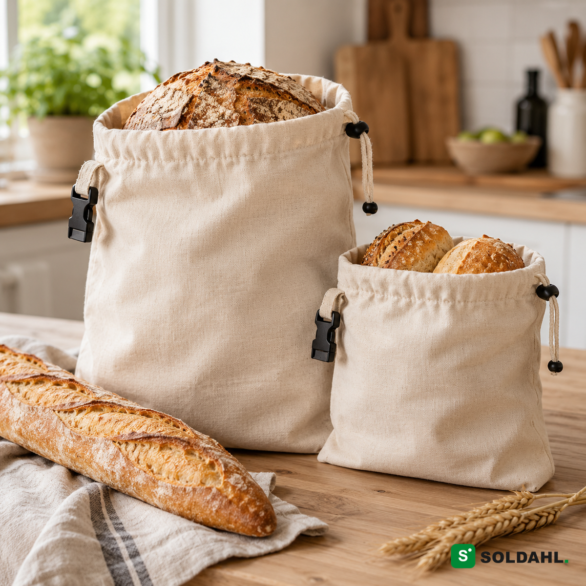 To størrelser bivoks brødpose med brød, boller og baguette