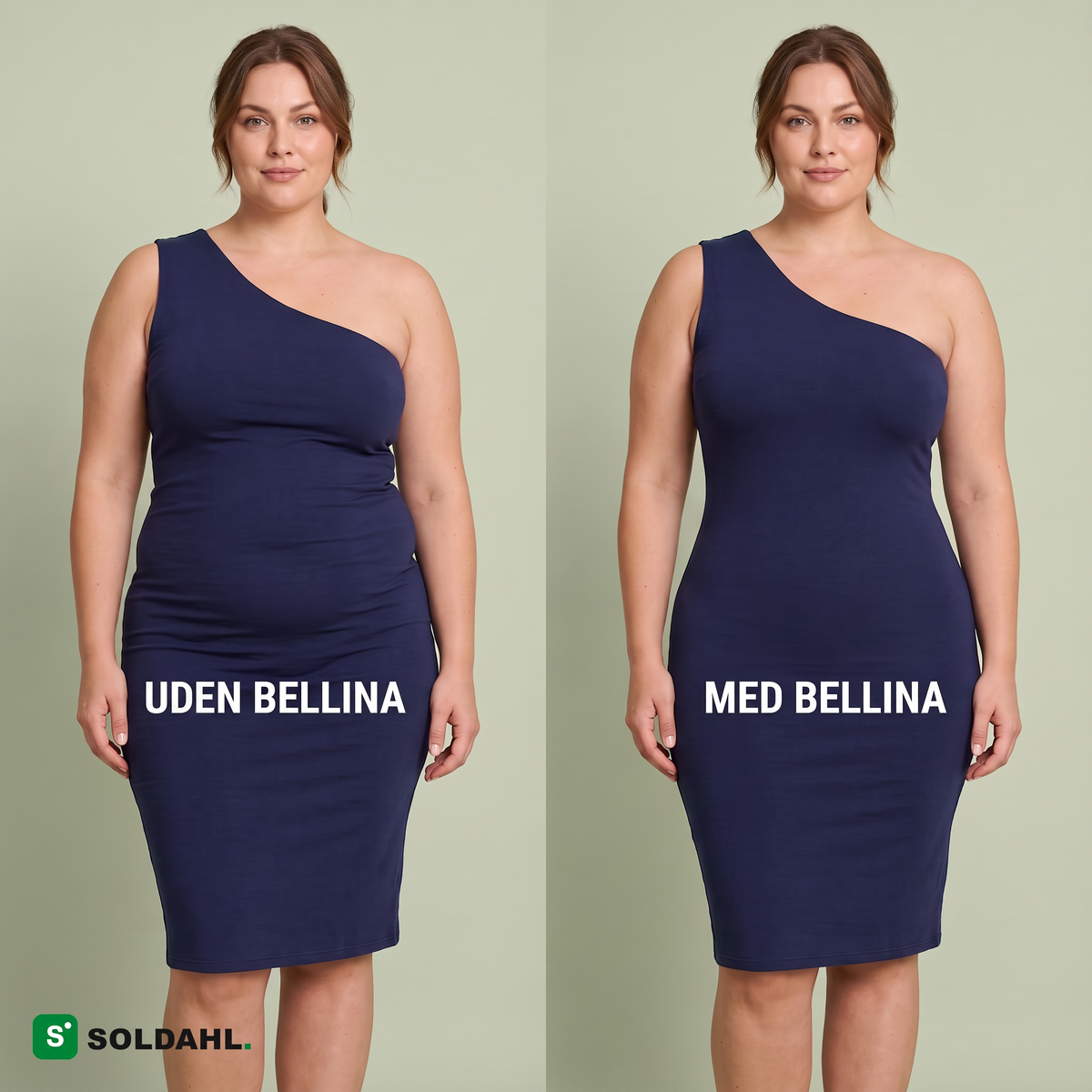 Samme marineblå kjole uden og med Bellina, jævnere linje over maven