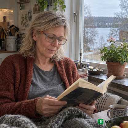 Kvinde, der læser en pocketbog med Bytfri læsebriller i køkkenvinduet