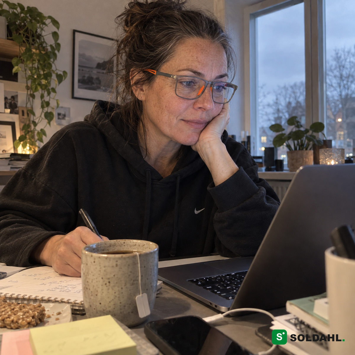Kvinde ved hjemmekontor med Bytfri læsebriller foran bærbar computer