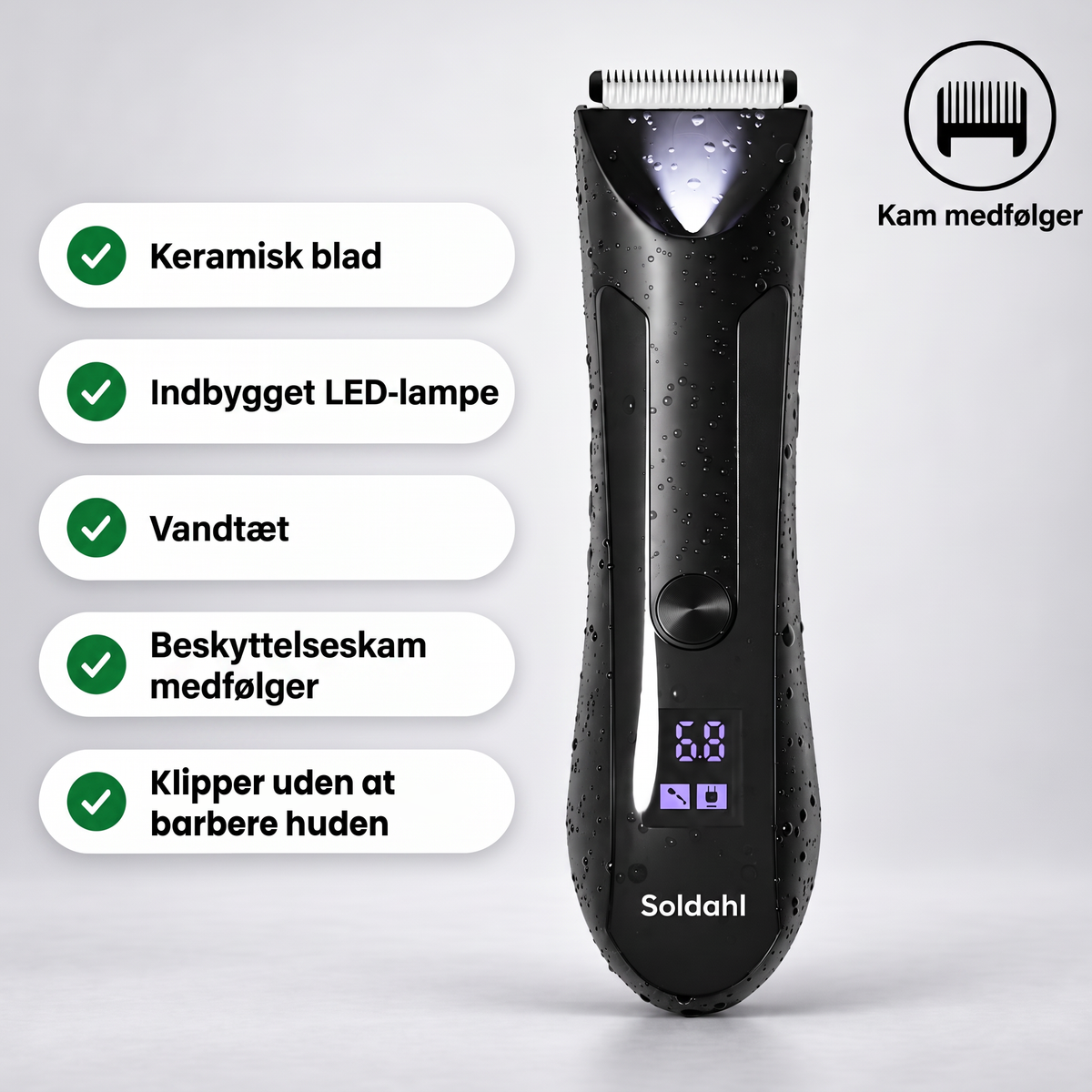 Soldahl vandtæt kropstrimmer med keramisk blad, LED-lampe og beskyttelseskam