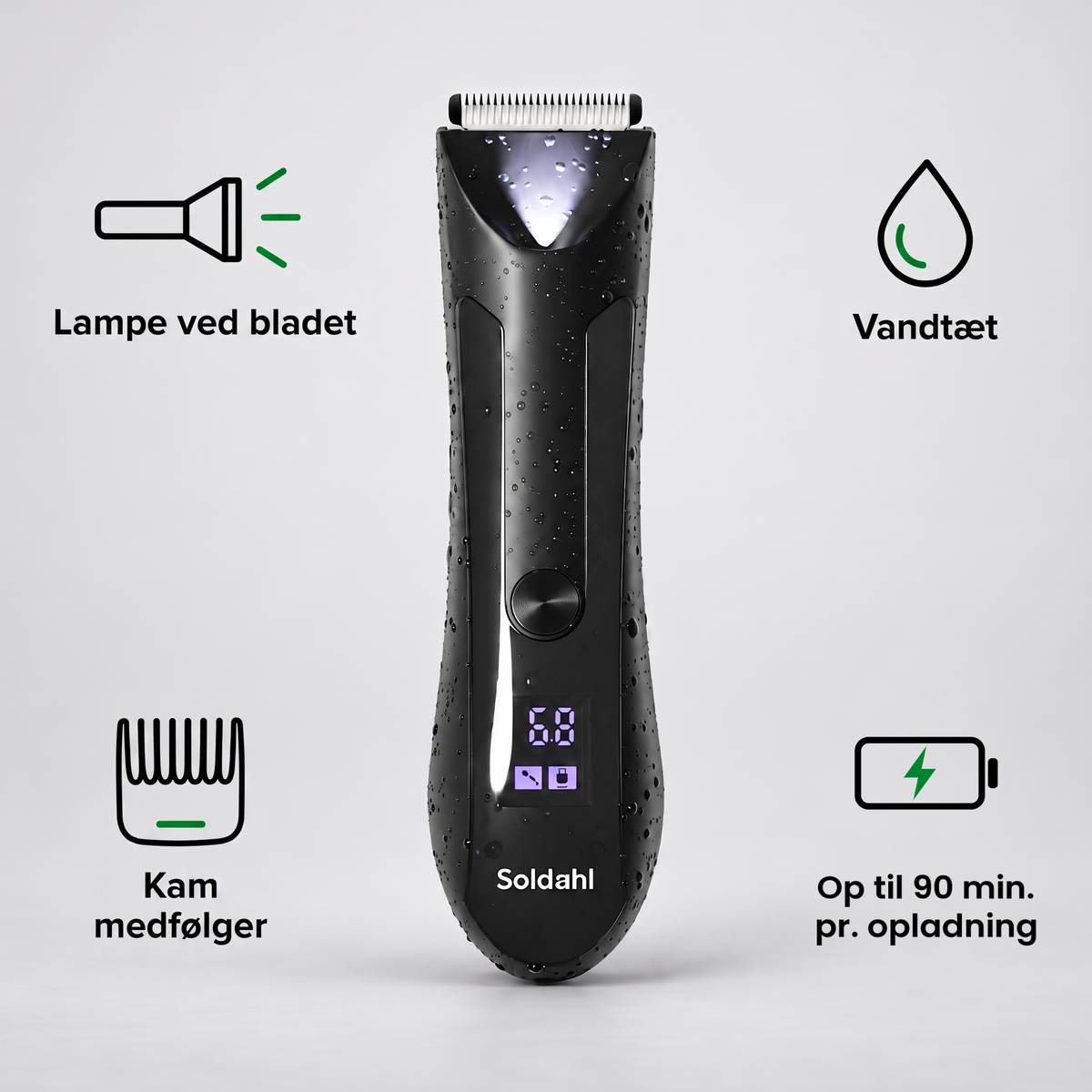 Kropstrimmer med ikoner for lampe ved bladet, vandtæt, kam medfølger og op til 90 minutter pr. opladning