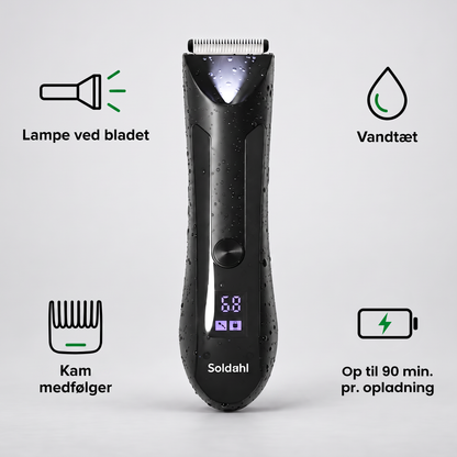 Kropstrimmer med ikoner for lampe ved bladet, vandtæt, kam medfølger og op til 90 minutter pr. opladning