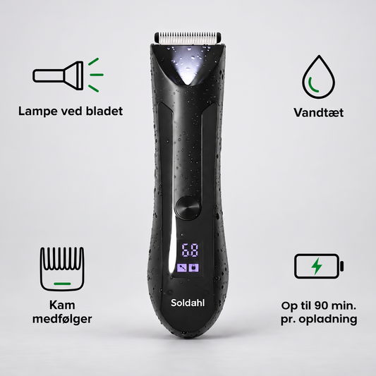 Kropstrimmer med ikoner for lampe ved bladet, vandtæt, kam medfølger og op til 90 minutter pr. opladning