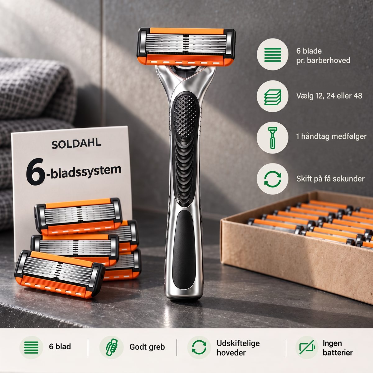Rakvass håndtag i krom med sort greb og løse 6-bladede barberhoveder
