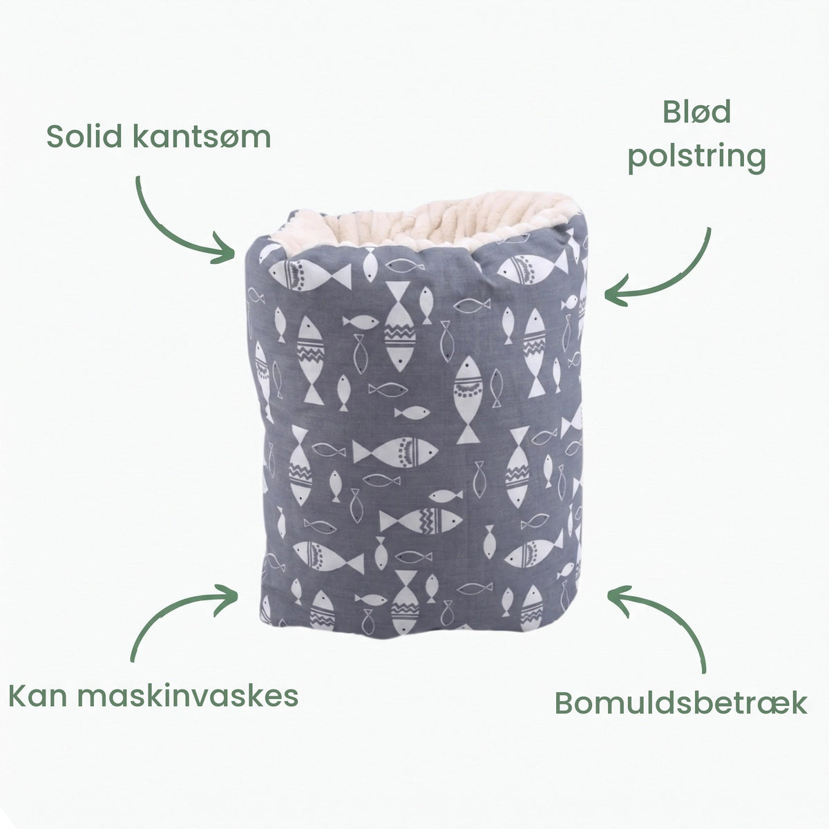 Armpudens egenskaber: kantsøm, blød polstring, kan vaskes, bomuld