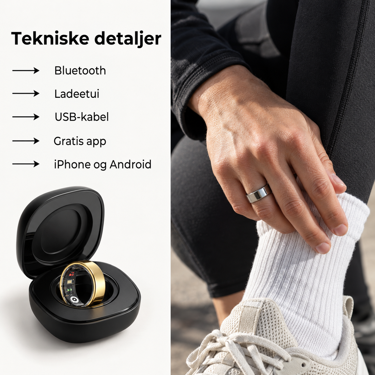 Tekniske detaljer og ladeetui til smart ring