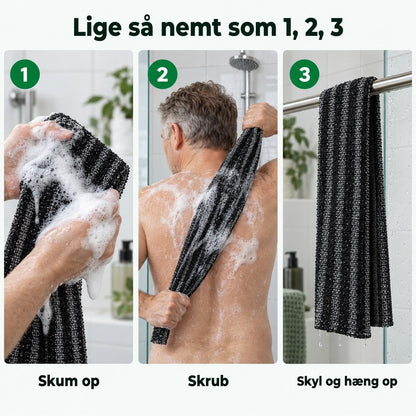 Tre trin: skum håndklædet op, skrub ryggen, skyl og hæng op