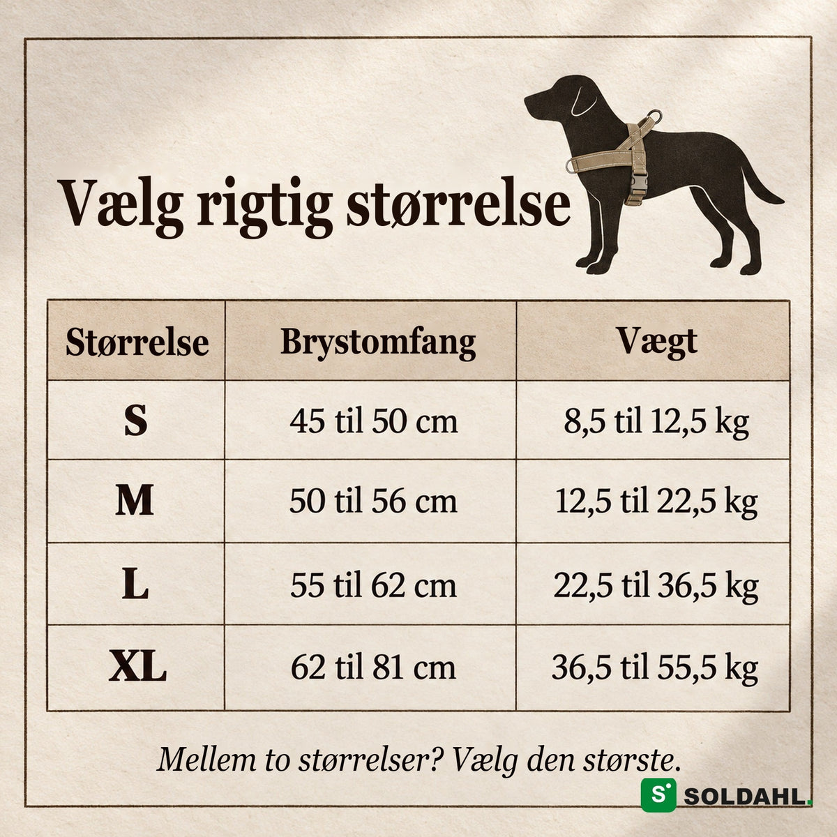 Størrelsesguide til antitræksele: S, M, L og XL med brystomfang og vægt