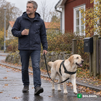 Mand går tur med gul labrador i sort antitræksele med løs snor på en villavej om efteråret