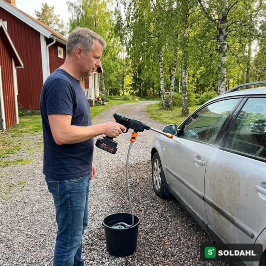Bilvask i indkørslen med vand fra en spand, uden hane og uden stikkontakt