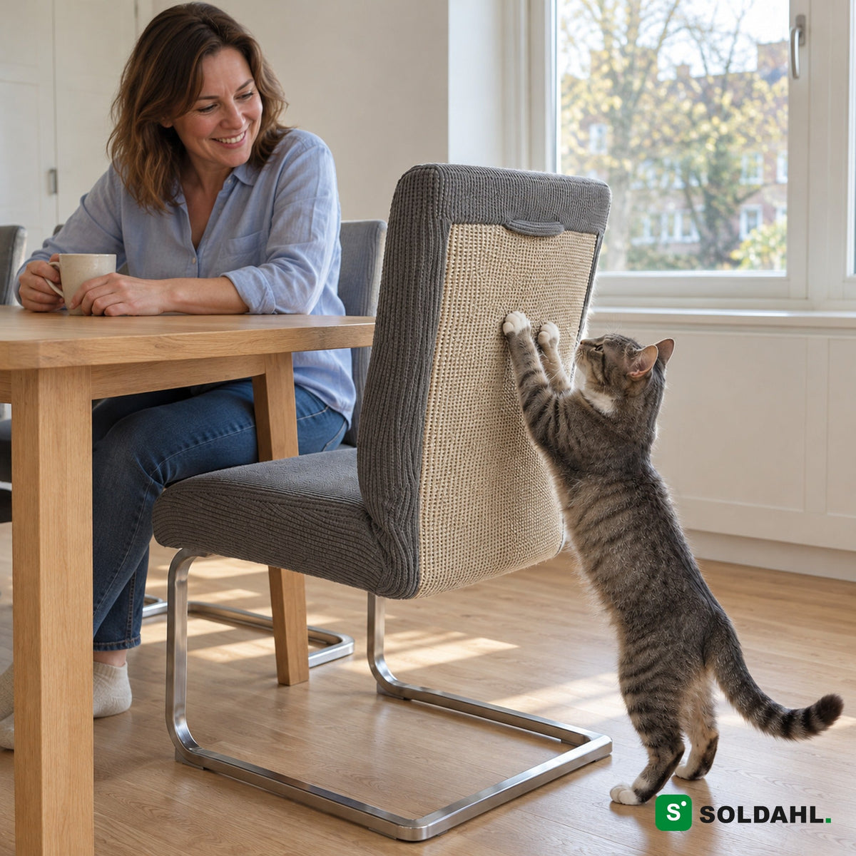 Kvinde ved køkkenbordet smiler af katten, der kradser på sisalen på en stol med Kløra