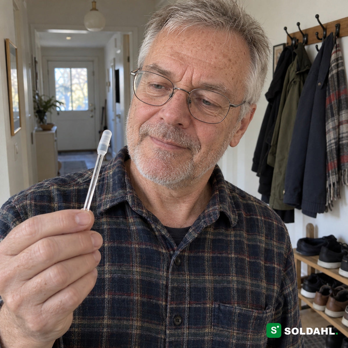 Mand omkring 64 år i entreen kigger på silikonespidsen på pinden i sin hånd