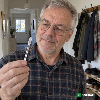 Mand omkring 64 år i entreen kigger på silikonespidsen på pinden i sin hånd