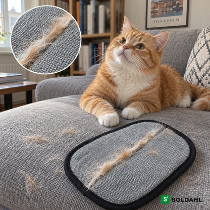 Orange kat i grå sofa ved siden af handsken med en stribe kattehår på den grå side