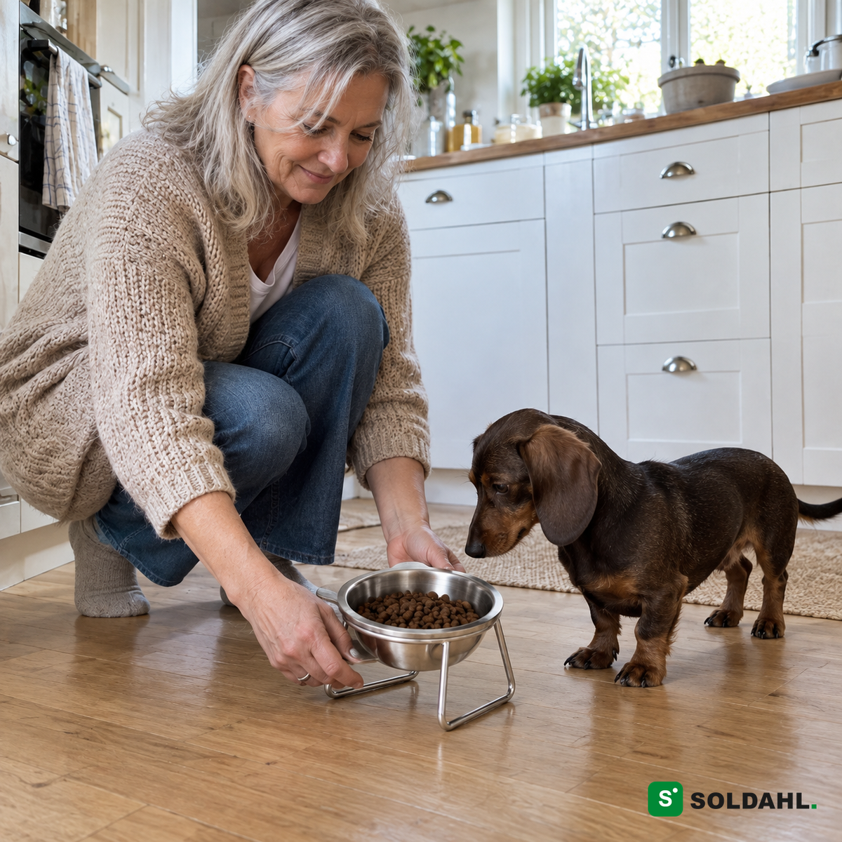 Kvinde stiller skålen frem til sin gravhund i køkkenet