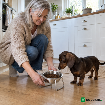 Kvinde stiller skålen frem til sin gravhund i køkkenet