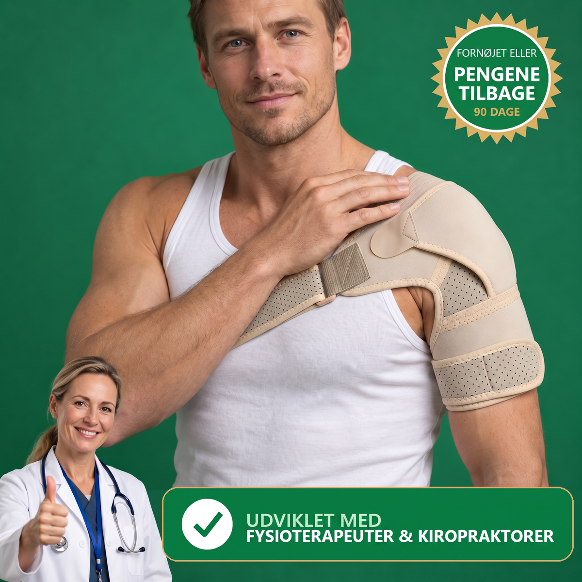 Soldahl Axello beige skulderkompression, udviklet med fysioterapeuter og kiropraktorer, 90 dage risikofrit