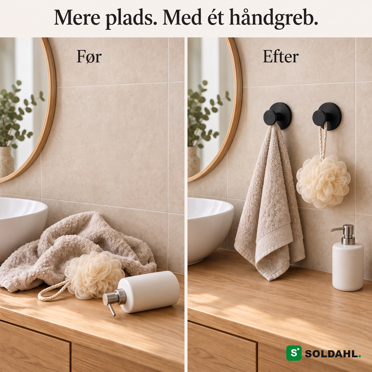 Før og efter montering af Fastholm sugekopkrog, mat sort, på fliser