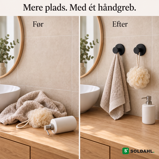 Før og efter montering af Fastholm sugekopkrog, mat sort, på fliser
