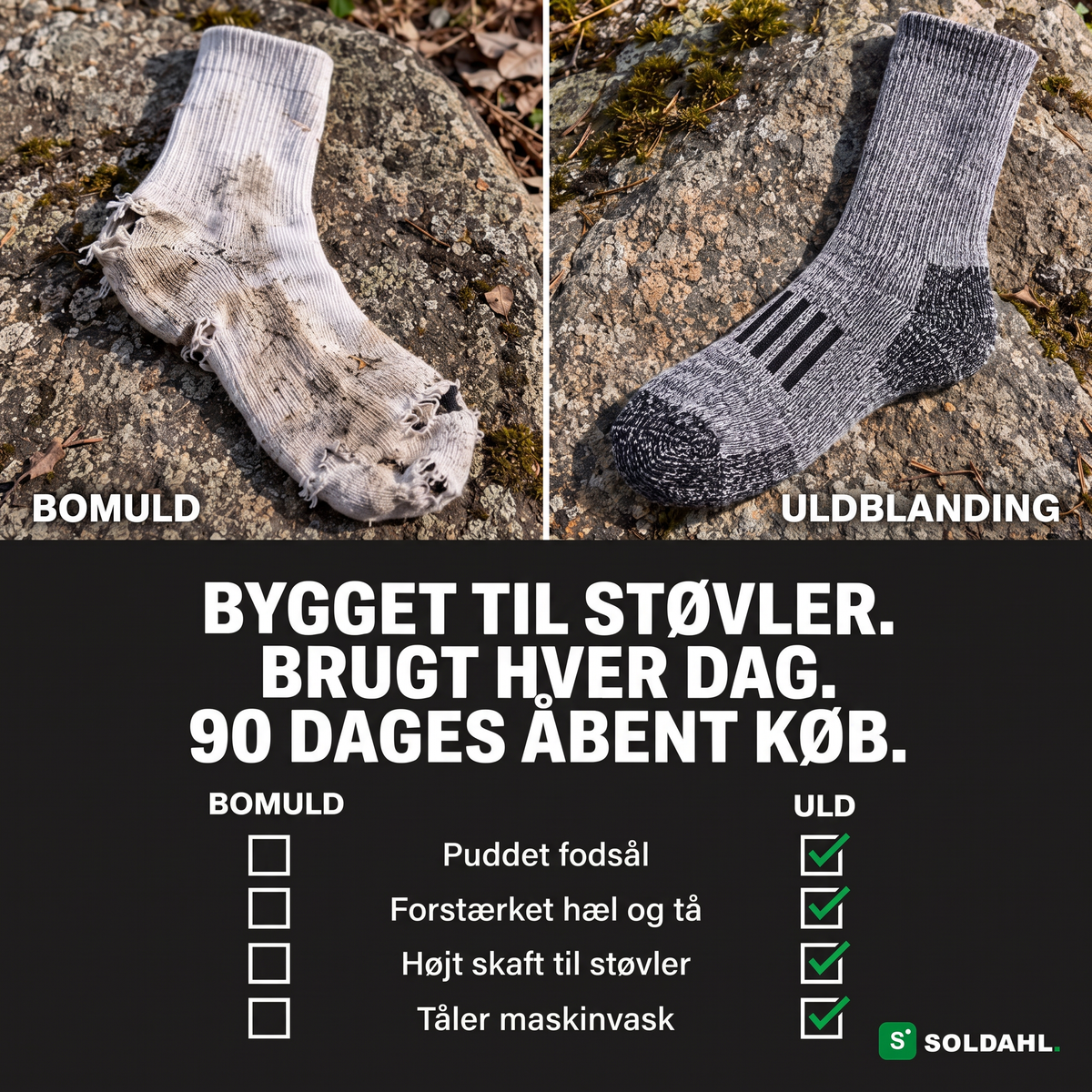 Sammenligning mellem slidt bomuldsstrømpe og uldblandet arbejdsstrømpe med tjekliste