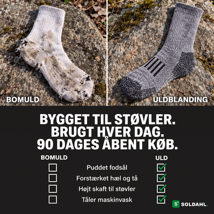 Sammenligning mellem slidt bomuldsstrømpe og uldblandet arbejdsstrømpe med tjekliste