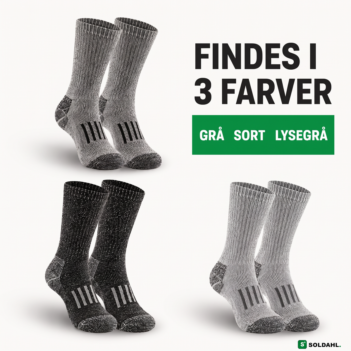 Arbejdsstrømper i tre farver: grå, sort og lysegrå