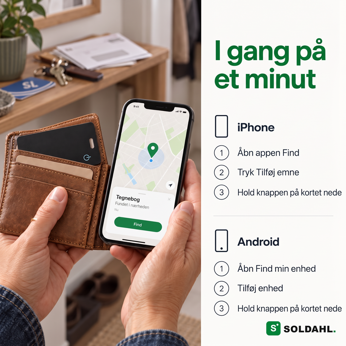 Hænder, der lægger sporingskortet i pungen, og telefon, der viser pungen fundet i nærheden