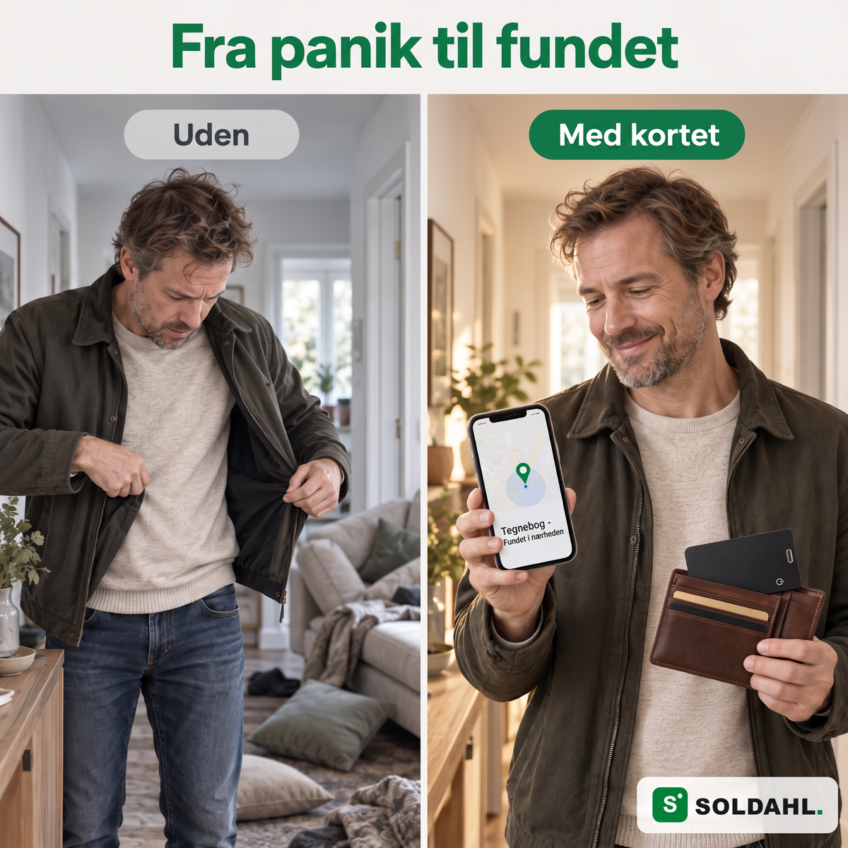 Mand, der leder i lommerne, ved siden af den samme mand, der har fundet pungen med telefonen