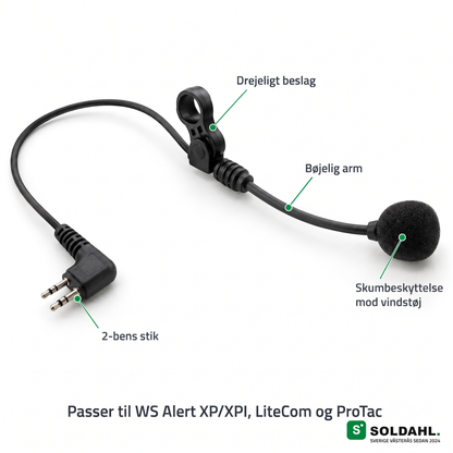 Soldahl Hørro erstatningsmikrofon med drejelig fastgørelse, bøjelig arm, skumbeskyttelse og 2-bens stik