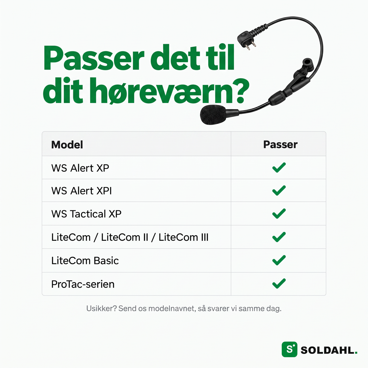 Tabel over, hvilket høreværn Hørro passer til: WS Alert XP, XPI, Tactical XP, LiteCom og ProTac
