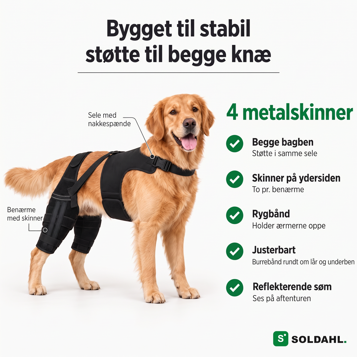 Lunkro knæbeskytter med sele, fire metalskinner og rygbånd forklaret