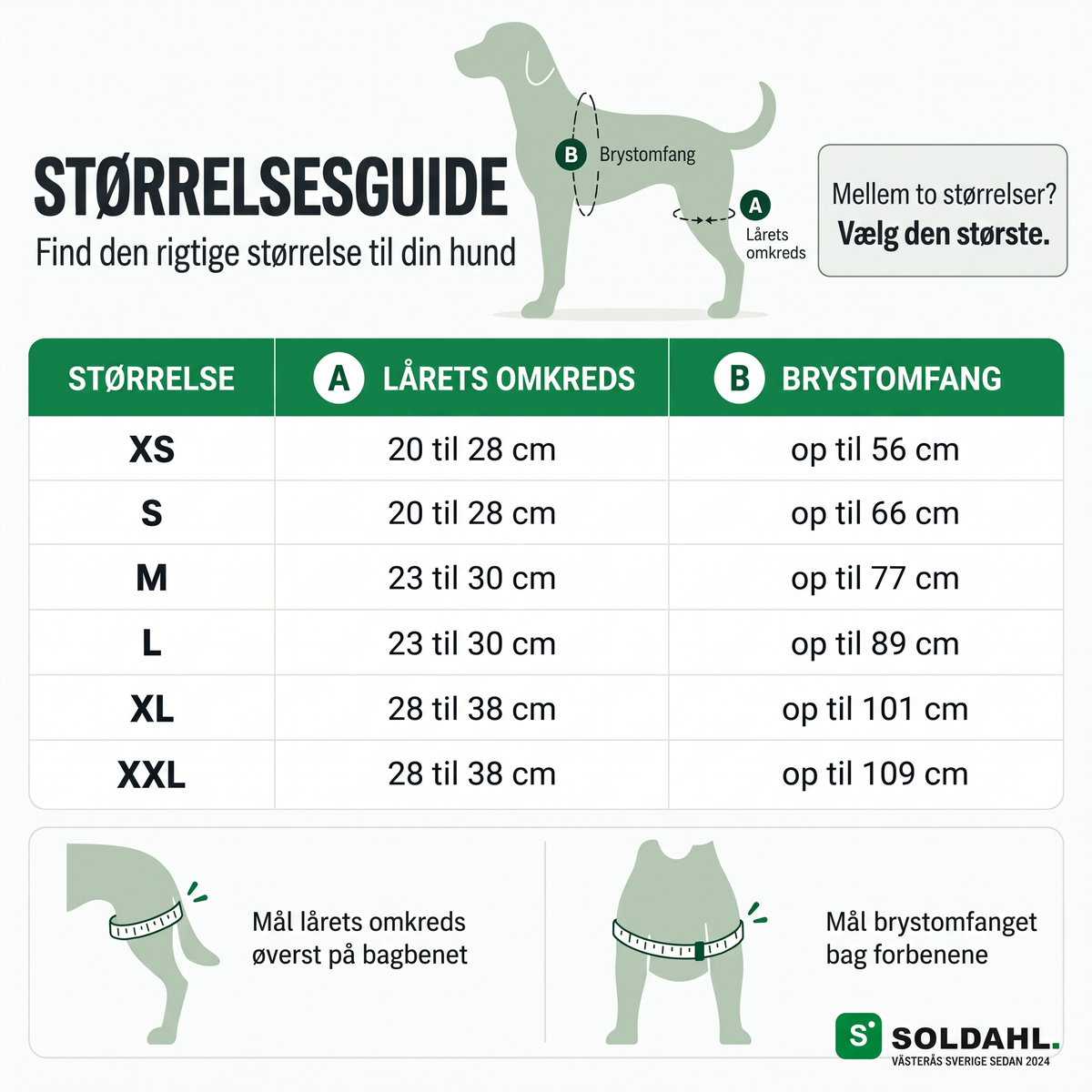 Størrelsesguide til Lunkro, størrelse XS til XXL med lårets omkreds og brystomfang