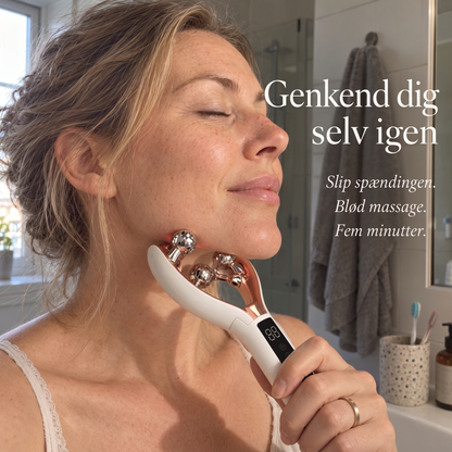 Kvinde med lukkede øjne ruller Kæbero langs kæbelinjen på badeværelset