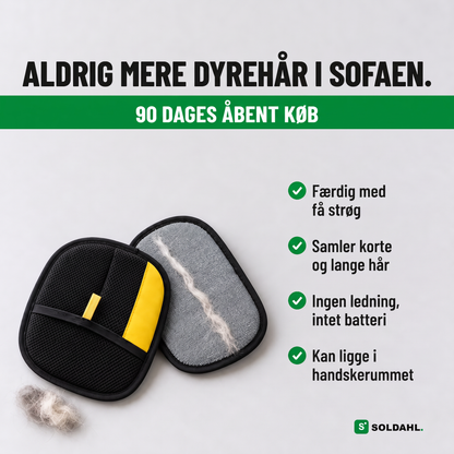 Soldahl kæledyrshårhandske, netsiden med gul flig og grå elektrostatisk side med samlet dyrehår, overskrift Aldrig mere dyrehår i sofaen og 90 dages åbent køb