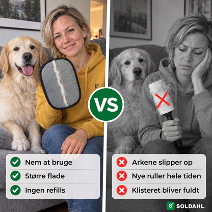 Kvinde med golden retriever viser kæledyrshårhandsken ved siden af en fnugrulle fuld af hundehår