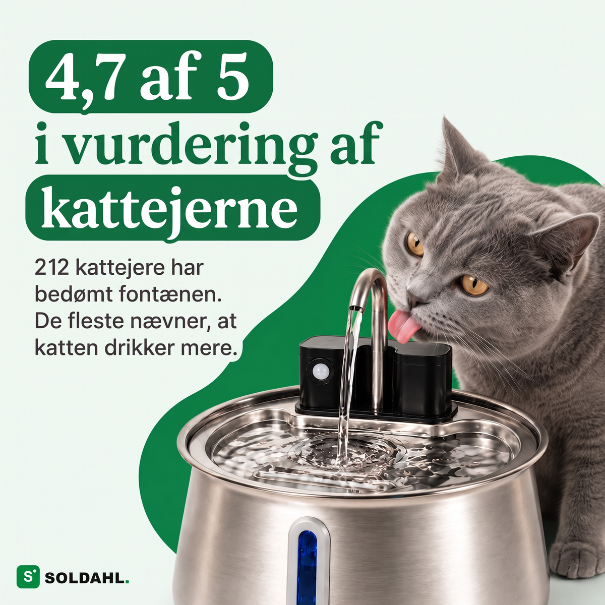 Kat drikker af den ledningsfri kattevandfontæne, bedømmelse 4,7 ud af 5