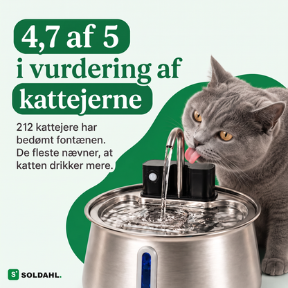 Kat drikker af den ledningsfri kattevandfontæne, bedømmelse 4,7 ud af 5