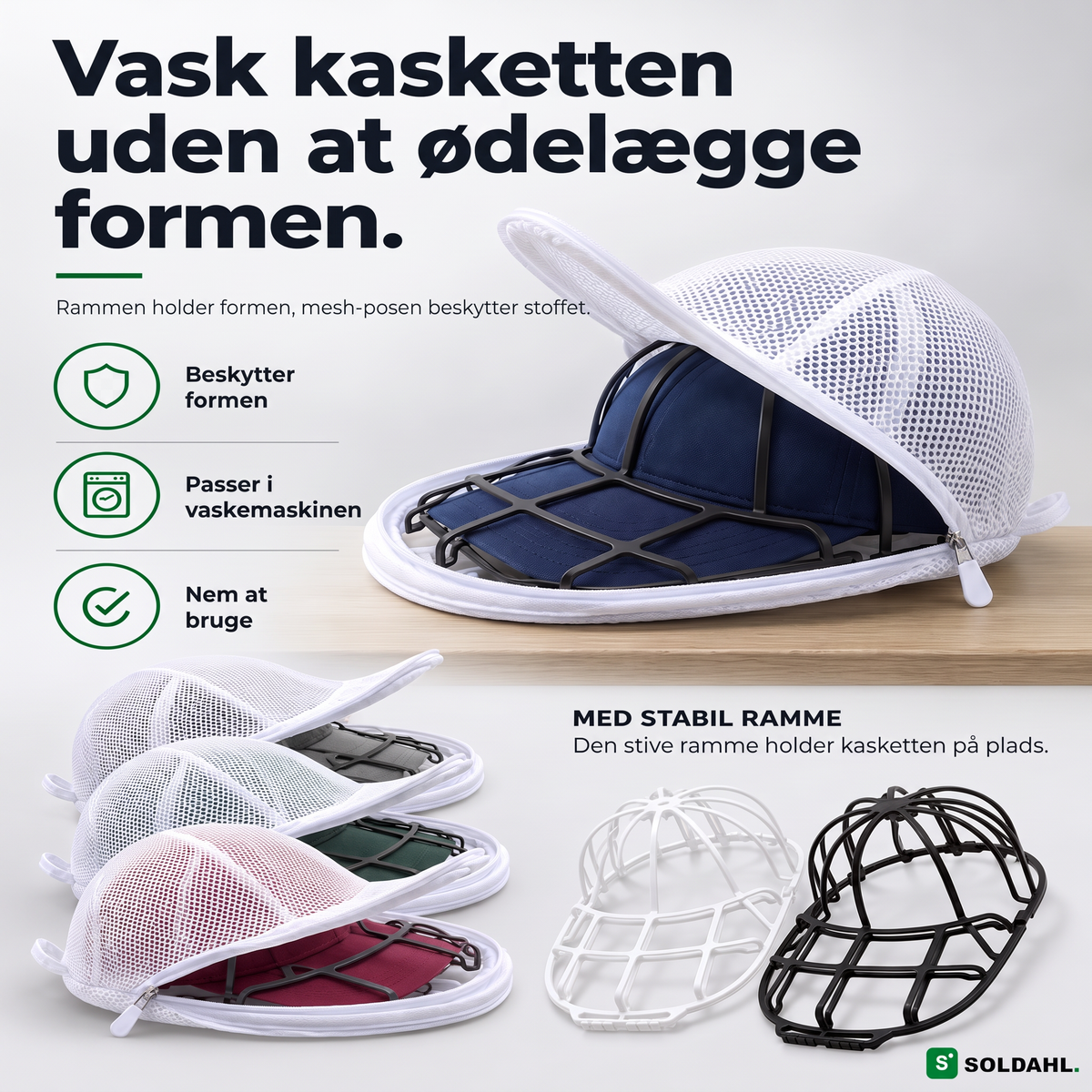 Kepsform vaskeramme med marineblå kasket i mesh-pose, vask kasketten uden at ødelægge formen