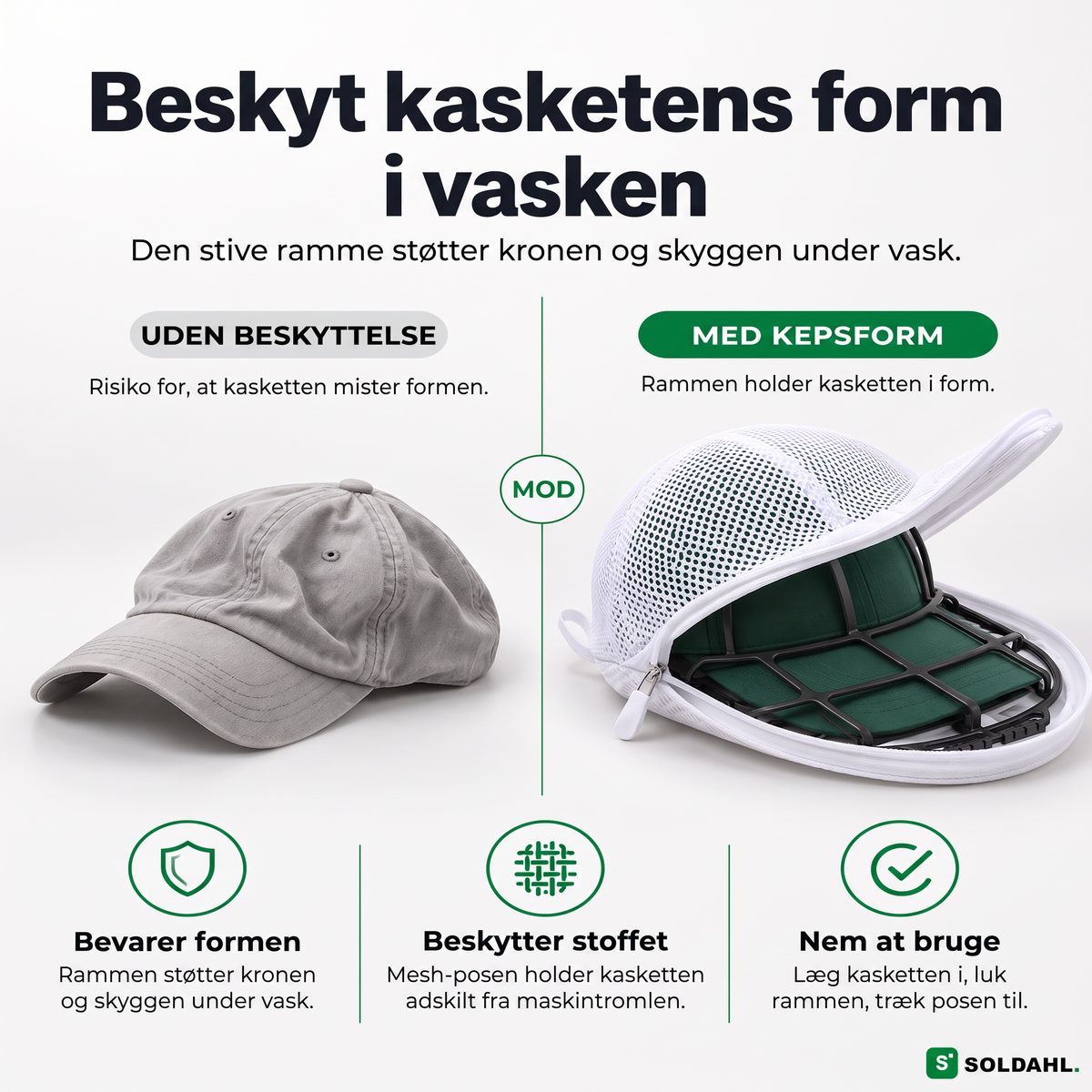 Kepsform sammenligning: kasket uden beskyttelse mod kasket i stiv ramme med mesh-pose