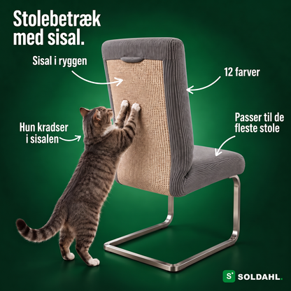Stolebetrækket Kløra med sisal i ryggen, pile og en kat, der kradser på sisalen