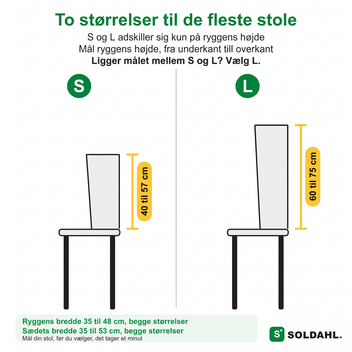 Størrelsesguide S og L med mål på ryggens højde og bredde