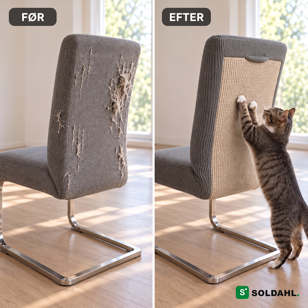 Før og efter, ødelagt stolerygstøtte mod samme stol med Kløra og en kat, der kradser på sisalen