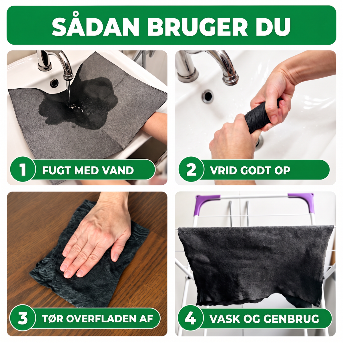 Sådan bruger du Soldahl Kristallduk: fugt, vrid, tør af, vask og genbrug