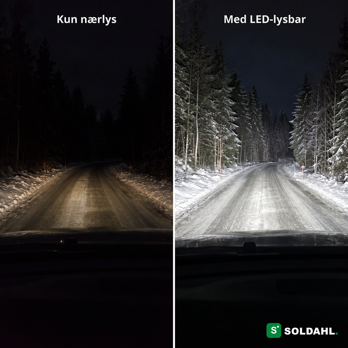 Sammenligning mellem kun nærlys og med LED-lysbar på en mørk skovvej